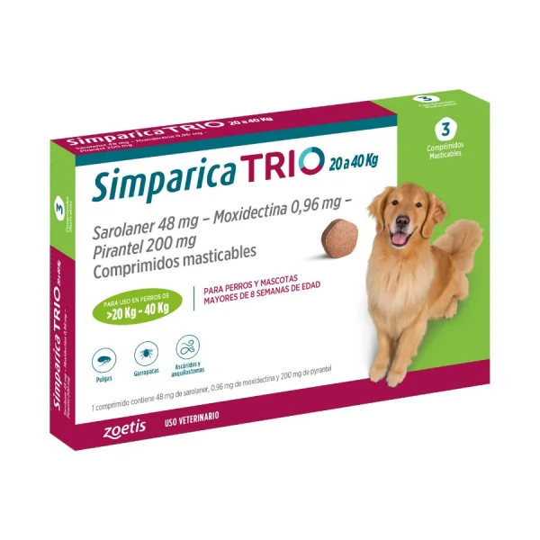 Simparica trio 20.1 - 40 kg antiparasitario para perros 3 comp